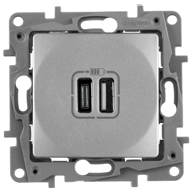 Розетка USB type-C + type-A, 3.0А Etika,  USB type-C 5V,  USB type-A 5V,  двойная,   цвет - алюминий